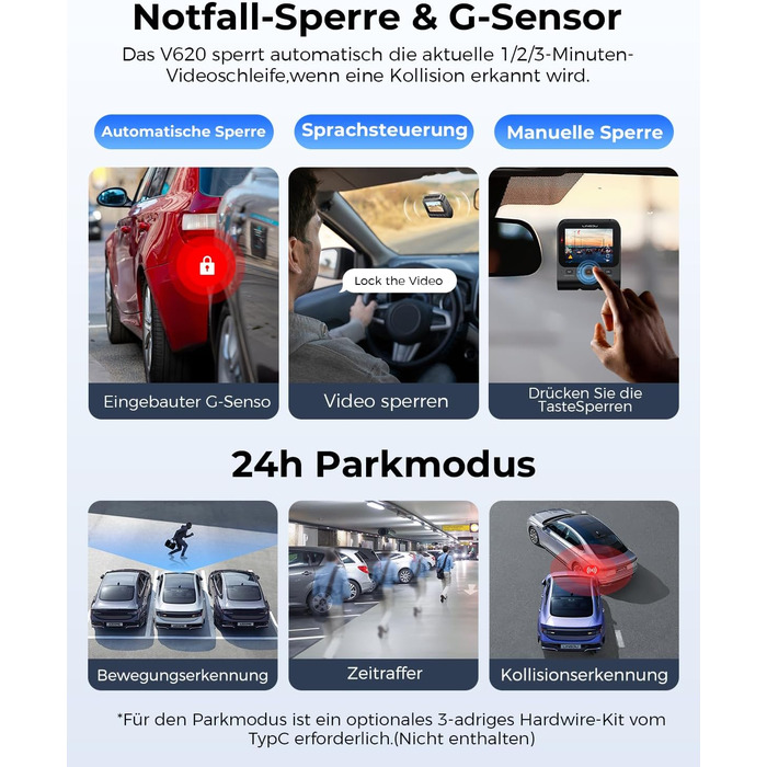 Відеореєстратор для авто Dashcam Auto Vorne Hinten 4K + 1080P з двома камерами, IPS-екран 2.4', SD 64GB, запис голосом, паркувальний режим, покращена нічна зйомка, WDR