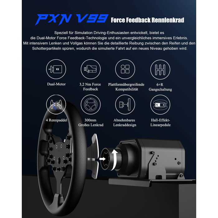 PXN V99 ігровий кермо з педалями та перемикачем передач – 3.2 Nm Force Feedback, 270°/900°, 11.8 дюймів, 4 лопаті перемикання передач, додаток Tools – кермо для PC, Xbox та PS4