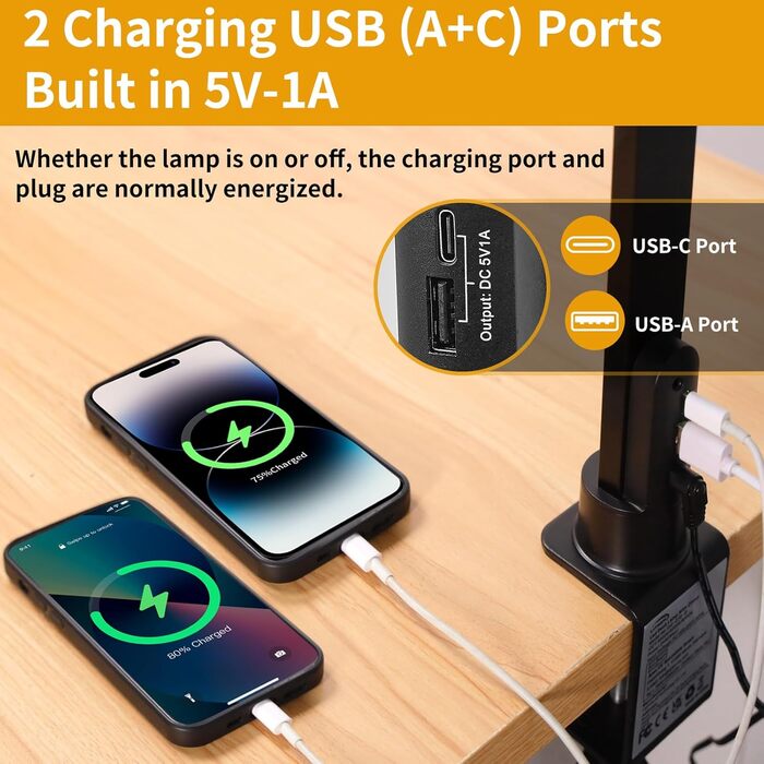 LED лампа для столу Litren 80 см з USB, сенсорне управління та таймер, 24W, чорна