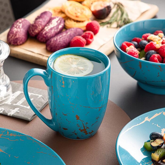 LOVECASA Сервіз столовий порцеляновий, Sweet 16-Piece Комбінований набір, 48-Piece Сервіз, дизайн з золотим напиленням, для 4-12 осіб, колір Aqua-fr-blue