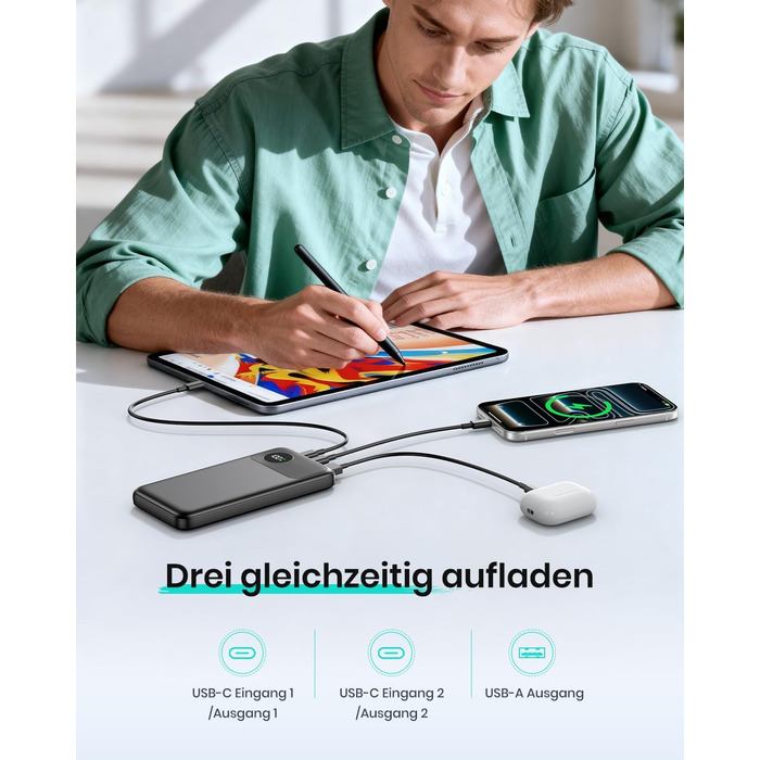 Power Bank A ADDTOP 20000mAh з LED-дисплеєм та швидкою зарядкою 22,5W (2 USB-C, 3 виходи, 2 входи) - чорний