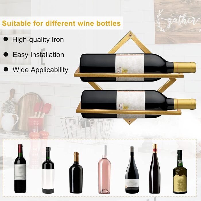 2pcs Metal Wall Mounted Wine Holder Stemware Glass Rack, Foldable Wall Hanging Red Wine Shelf Organizer with 3 Stem Glass Holders, Black Wine Bottle Hanger for Home Kitchen Bar Wall Decor (Gold A)
