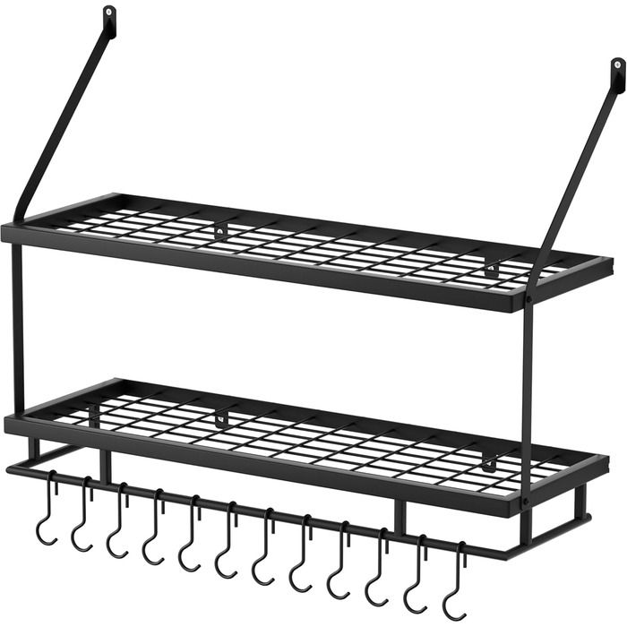 KES Double Kitchen Shelf Pan Holder Kitchen Utensil Holder Kitchen Pan Holder with 12 Hooks Hanging Shelf Pot Wall Shelf 75CM Wall Mounting Matt Black, KUR215S75B-BK