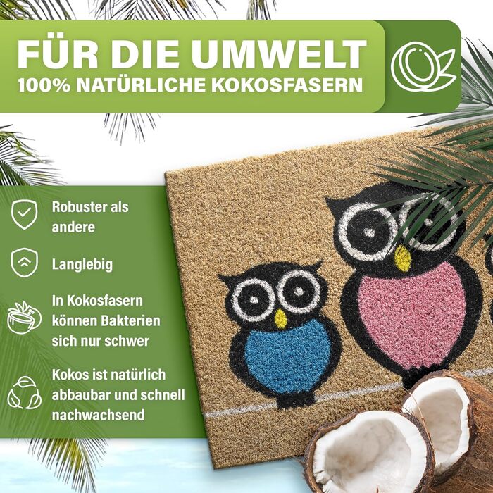 Кокосовий килимок для підлоги [водостійкий] - надміцний - придверний килимок для зовнішнього використання - кокосовий килимок для підлоги [водостійкий]. Килимок для підлоги на вулицю 40x60 см (Owls)