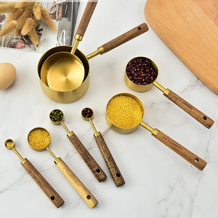 KOSDFOGE 8-Piece Stainless Steel Measuring Cup Set with Wooden Handle, Bartending Scale, Measuring Spoons, Baking Tool