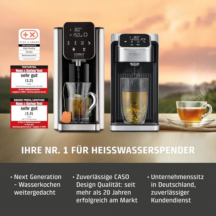CASO HW 550 -Turbo Hot Water Dispenser, for preparing tea, instant coffee, baby food. Water tank with 2.9 l capacity, 7 adjustable temperature levels from 40-100 °C in 10 °C increments.