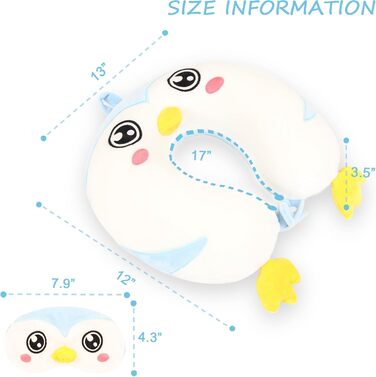 Дитяча подушка для подорожей з маскою для сну, м'яка подушка для шиї з Memory Foam, для дітей, хлопчиків та дівчаток, підлітків, аксесуари для подорожей, подушка для шиї (Пінгвін)