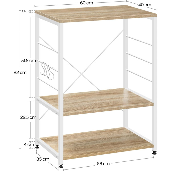 WOLTU Kitchen Shelf, Freestanding Shelf, Microwave Holder, Baker's Rack, Metal Shelf with Wood and Steel, with 3 Shelves, approx. 60 x 40 x 82 cm, White + Light Oak