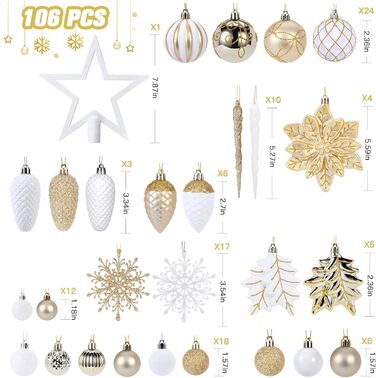 Набір прикрас для ялинки Shareconn: 106 шт. у 24 кольорах, міцні ялинкові кулі, декор для ялинки, святкування, весілля (шампань-золото та білий)