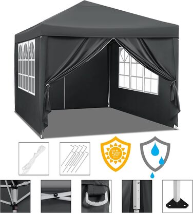 WOLTU Pop-Up Pavilion, Waterproof Folding Pavilion, Sun Shade Event Pavilion with Side Walls, Garden Pavilion for Patio, Camping, Festival, Pagoda Tent from Oxford Fabric and Metal Frame, 3 x 3 m (Anthracite)