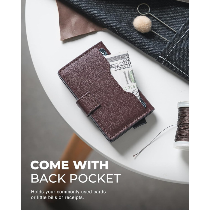 Чоловіче картхолдер VULKIT з RFID блокуванням, з металевою конструкцією, 3 відділення для кредитних карт та віконцем для посвідчення, компактний гаманець з магнітною застібкою, червоне шкіряне покриття (справжня шкіра Litchi Espresso)