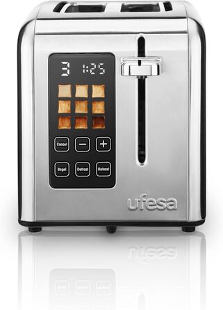 Ufesa Digital Future Toaster, Stainless Steel with 2 Slices, 950W Power, 9 Browning Levels for Bread and Bagels, Touchscreen, Defrost Function, 2 Wide Slots, Inox Screen