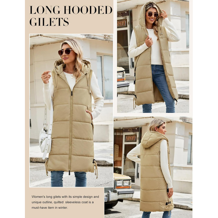 Тепла зимова жилетка Vancavoo з капюшоном, XXL, хакі. Легка стьобана жилетка з пуху для жінок та чоловіків. Перехідна куртка-жилетка на осінь/зиму.