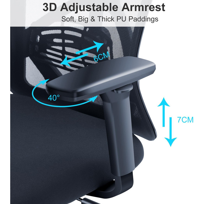 Ticova Ergonomic Office Chair - Adjustable Lumbar Support, Headrest & 3D Armrests