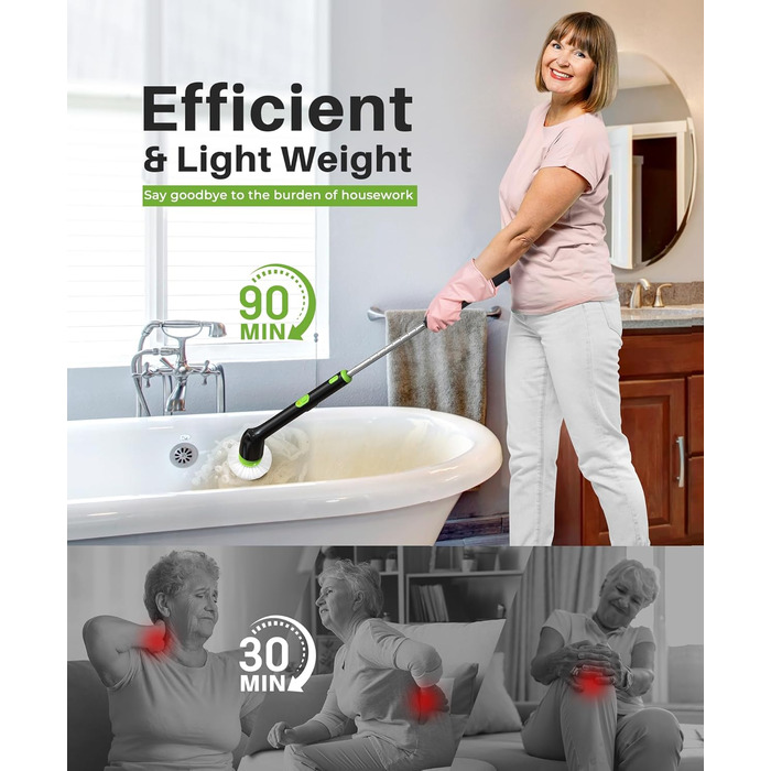 Електрична щітка для прибирання LyriFine, водонепроникна IPX7, з довгим руків'ям, 2 швидкості, змінна насадка, для ванної кімнати, білий (світло-зелений)