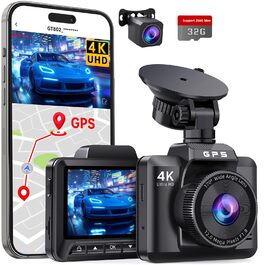 Автомобільний відеореєстратор 4K + 1080P з GPS та WiFi, передня та задня камери, нічний режим, датчик удару G-сенсор, паркувальний моніторинг, підтримка карт до 256ГБ (карта 32ГБ у комплекті), чорний