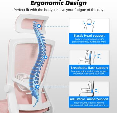 Ергономічне крісло Daccormax для офісу: регульована спинка, підголівник, підлокітники, витривале до 150 кг (Рожевий)