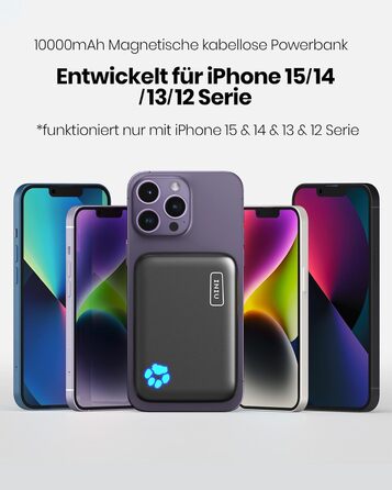 Магнітний повербанк сумісний з чохлом MagSafe, 10000mAh, бездротова швидка зарядка, USB-C вхід/вихід, зовнішній акумулятор для iPhone 15 14 13 12 Pro Max