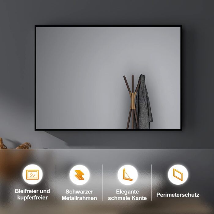 Дзеркало настінне прямокутне з заокругленими кутами, 40x60 см, чорне, з нержавіючої сталі, для ванної кімнати та вітальні