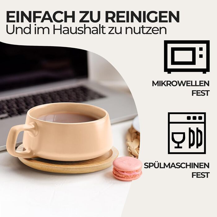 MIAMI - Set of 4 x 320 ml Coffee Cups/Cappuccino Cups with Saucers/Elegant/Modern/Coffee Cups made of Stoneware - Luxe Collection 4-Piece Set (Beige Pastel)
