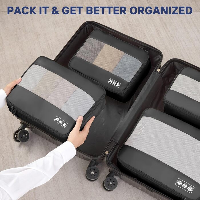 Органайзер для валізи MURISE, 8 шт. - Packing Cubes для подорожей, сумки-органайзери для валізи, з мішечком для взуття та косметички, система організації, Travel Essentials, чорний