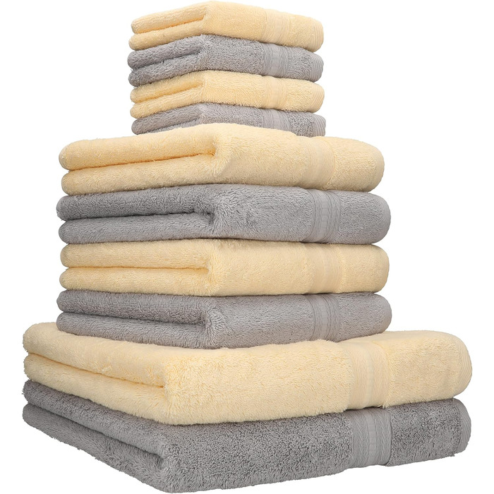 Betz 10-Piece Towel Set Gold Color Beige & Silver Gray, Quality 600 g/m², 2 Shower Towels 70 x 140 cm, 4 Hand Towels 50 x 100 cm, and 4 Washcloths 30 x 30 cm