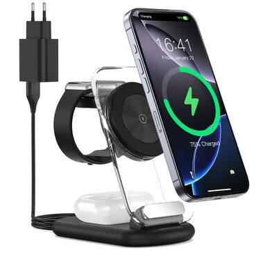 MagSafe Зарядна станція 3-в-1: Бездротовий зарядний пристрій для Apple Watch Series 9/Ultra 2/1, iPhone 16/15/14/13/12, AirPods - Чорний