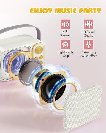 Караоке машина з 2 мікрофонами, портативна Bluetooth колонка для дітей та дорослих, 7 звукових ефектів, ідеальна для вечірок та свят (біла)