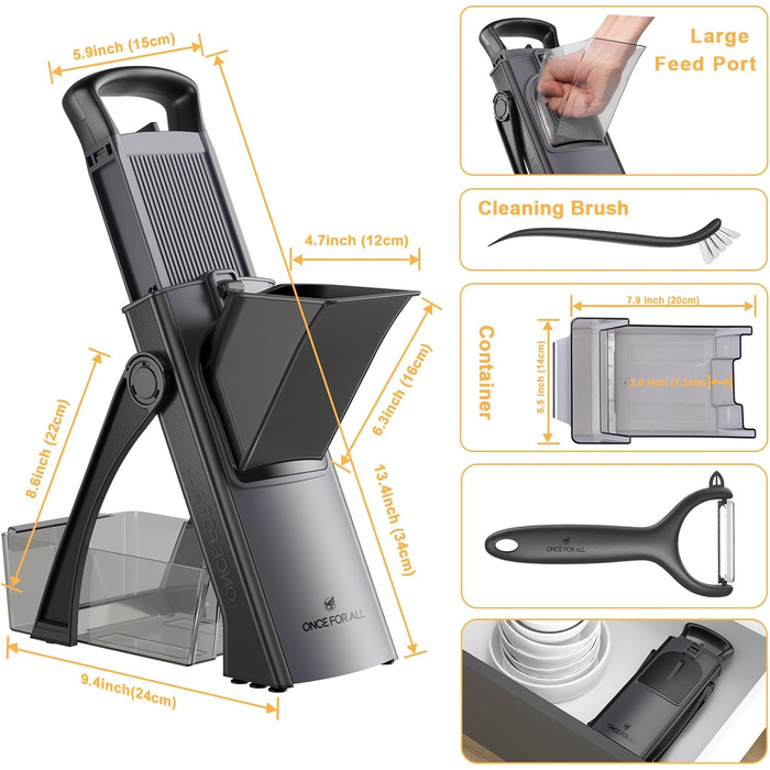 Мандоліна-слайсер ONCE FOR ALL Upgrade: безпечний, великий, з регулюванням, для овочів та продуктів, для картопляного фрі, знімні леза (чорно-сірий + ніж для взуття)