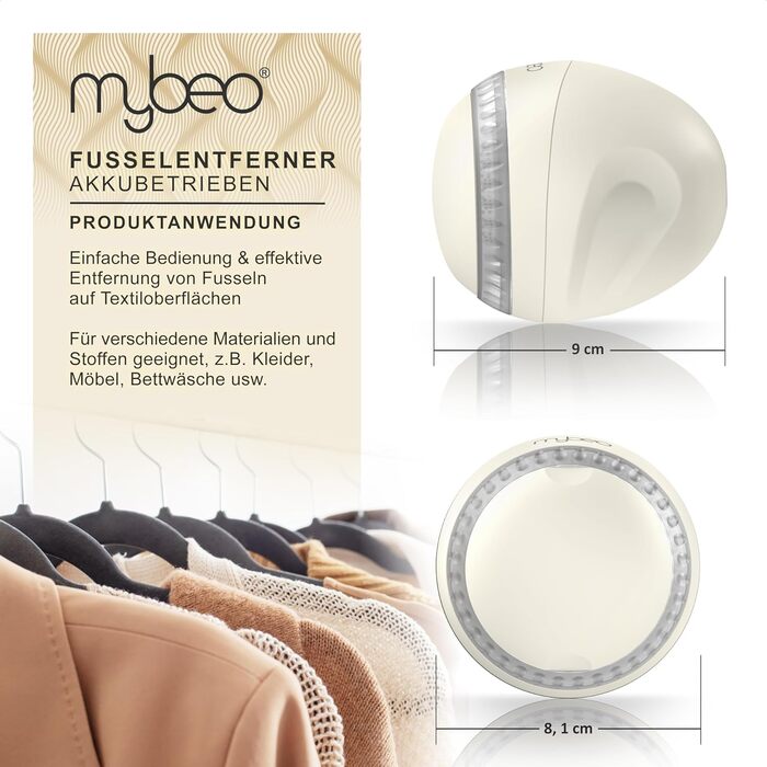 MyBeo - Електричний видалення ворсу з одягу - бездротовий прилад для видалення ворсу з тканини з USB-кабелем для зарядки - для всіх видів одягу - видаляє ковтунці - 2 змінні леза - акумуляторний (Колір: Бежевий)