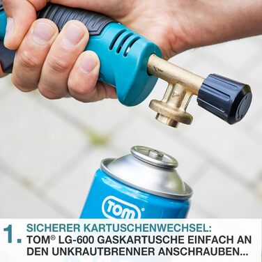 TOM Weed Burner Set + 4 x 330 g Universal Gas Cartridge with Screw Thread 600 ml – Flaming Device ideally suited for weed removal on paving stones, sidewalks, and paved joints. Grill lighter, Blue