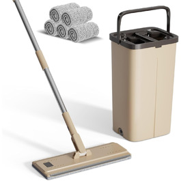 Набір для миття підлоги з відром, 2 в 1, з регульованою ручкою з нержавіючої сталі та 6 мікрофібровими насадками, для плитки та ламінату, сіро-коричневий
