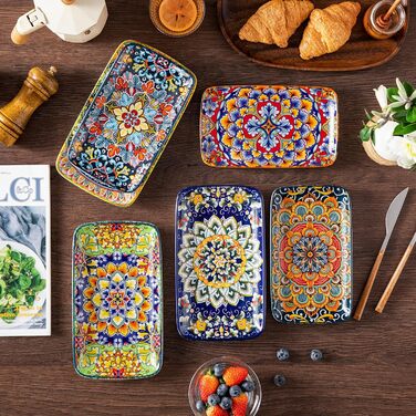 Vancasso Serving Plates, Porcelain, SIMI Rectangular Plate Set, 6-Piece Bohemian Dinner Plate Set, Plate Set for 6 People, 22 x 13 x H 2.3cm