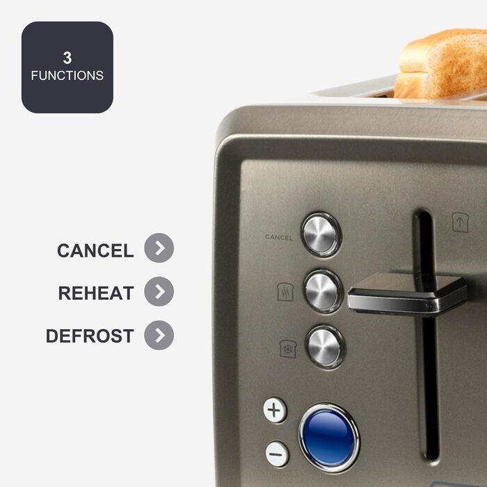 Тостер BLACK+DECKER BXTO1960E з цифровим керуванням, 1960 Вт, 4 слоти, 6 рівнів підсмажування, функції: стоп, підігрів, розморожування, автоматичне центрування, підігрівач для бутербродів