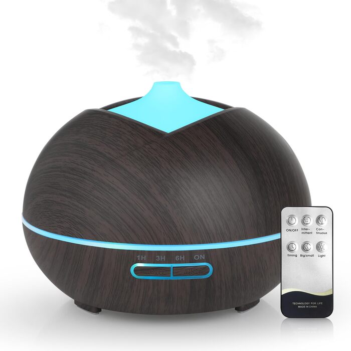 Ароматичний дифузор 500 мл з таймером, LED-підсвічуванням та пультом керування, для дому, йоги, SPA. Темне дерево, коричневий колір
