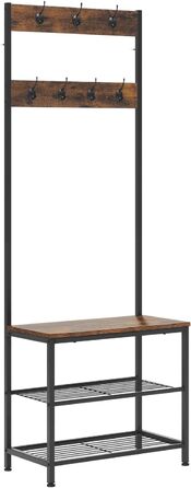 WOLTU Coat Rack Clothes Rail Laundry Rack Shoe Rack with Seat, with 7 Hooks, Made of Wood and Steel, Hanging Shelf, Black Vintage (Black + Rustic Brown)
