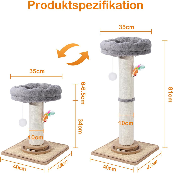 Дряпка для котів Trhillsbrad 81 см з м'ячиком та іграшками, з сизалю, для котів та дорослих котів