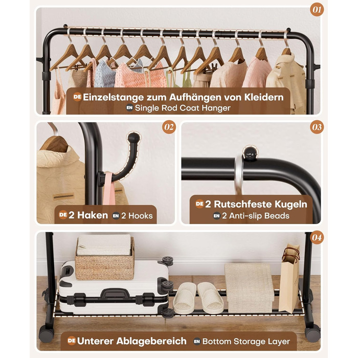 Стійка для одягу на колесах Yorbay: міцна металева вішалка з полицею для багажу. Компактна вішалка для спальні, пральні, магазину (Чорний, 117.5 см)