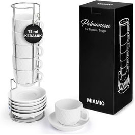 MIAMI – 6 x 75 ml Espresso Cups/Espresso Cup Set with Stand Stoneware Ceramic - Palmanova Collection (White)