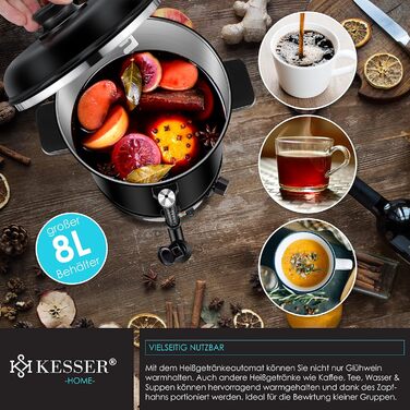 KESSER® Mulled Wine Boiler 8L Stainless Steel Incl. 10 Cups Mulled Wine Cooker with Thermostat Mulled Wine Dispenser Hot Beverage Dispenser Water Boiler Hot Water Dispenser Canning Device Level Indicator Tap Black
