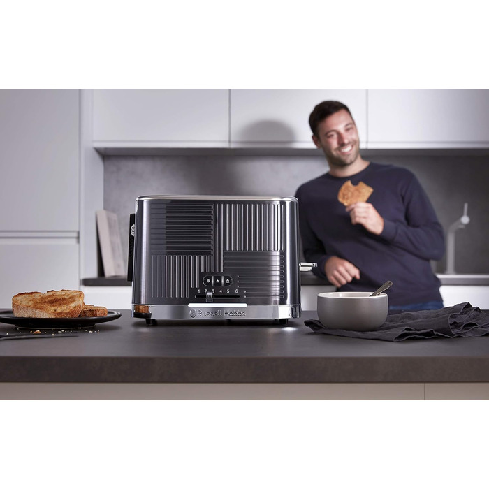 Russell Hobbs Toaster [for 2 slices] Geo Stainless Steel Grey (extra wide toast slots, including bun warmer, 6 browning levels + defrost & reheat function, Quick Toast Technology, 1640W) 25250-56