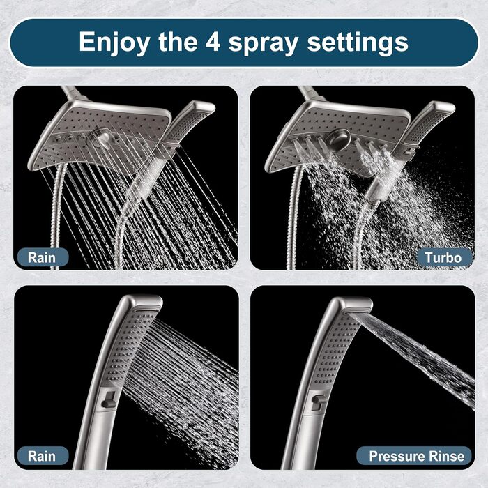 BRIGHT SHOWERS Dual Shower Head Combo Set, Handheld Shower Head, Rainfall Shower Head, Combo with Black Face, 152.4 cm (60 inch) Stainless Steel Shower Hose, (2.5 Gallon Per Minute, Brushed Nickel)