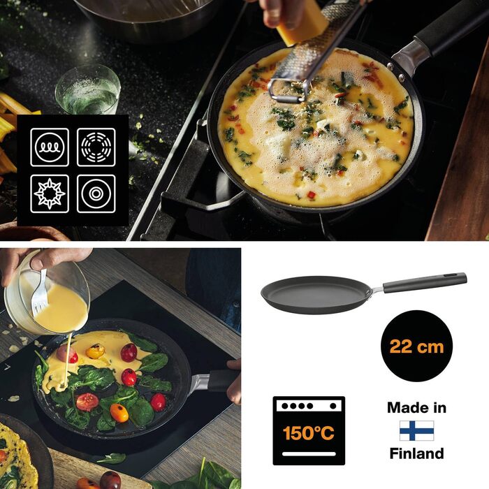 Сковорода для омлету Fiskars Hard Face 22 см, антипригарна, алюміній, для всіх плит, чорна, стійка до подряпин