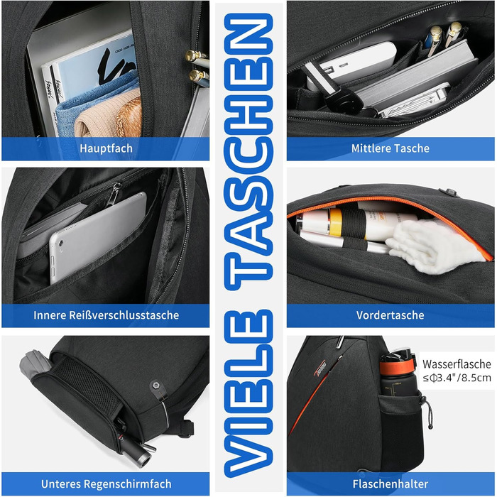 Сумка через плече TUDEQU для чоловіків, велика, 8 кишень, 19L, чорна