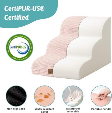 Сходинки для собак маленьких порід, сходи для домашніх тварин до дивану з високощільним губчастим наповнювачем, сходи для собак, пандус для собак з пральним чохлом та антиковзким дном (3), Рожевий, 3 сходинки (40x57x40 см)