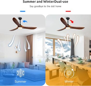 Дзеркальний вентилятор для стелі з дерева, без освітлення, з дистанційним керуванням, тихий, для вологого приміщення (132 см/52 дюйми, коричневий, 3 лопаті)