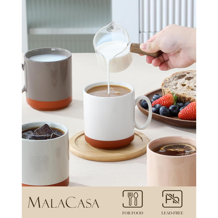 Набір кавових чашок MALACASA TARA Khakiweiß (4 шт.), 350 мл, кераміка, для кави, чаю, соку, лате, капучино, какао, безпечні для миття в посудомийній машині та використання в мікрохвильовій печі