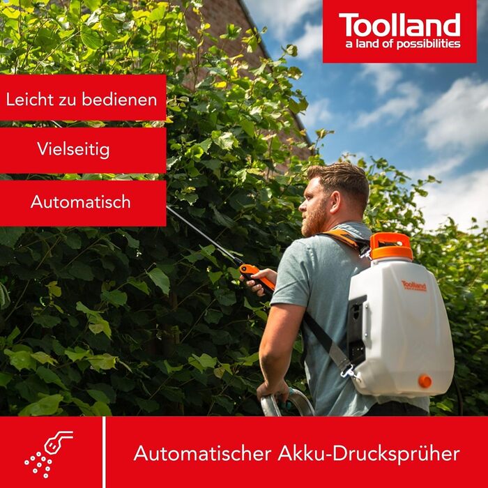 Toolland акумуляторний ранцевий обприскувач 12 л, електричний садовий обприскувач для захисту рослин, знищення бур'янів та дезінфекції, регульована насадка, телескопічна штанга, м'які ремені, USB-зарядка