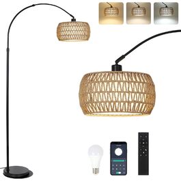 Rayofly Торшер для вітальні Bogenlampe в стилі бохо з ротанговим абажуром, диммований торшер з пультом та LED-лампочкою, управління через додаток, чорний