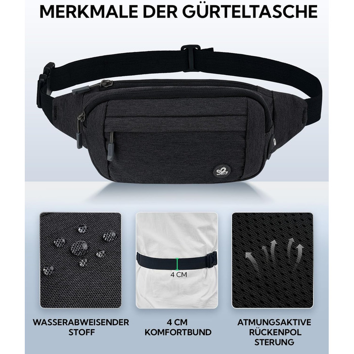 WATERFLY Поясна сумка на пояс для чоловіків та жінок: спортивна сумка на талію, сумка-шоппер, сумка на стегно для подорожей, піших прогулянок, дресирування собак, активного відпочинку на природі. Чорний, сірий колір.